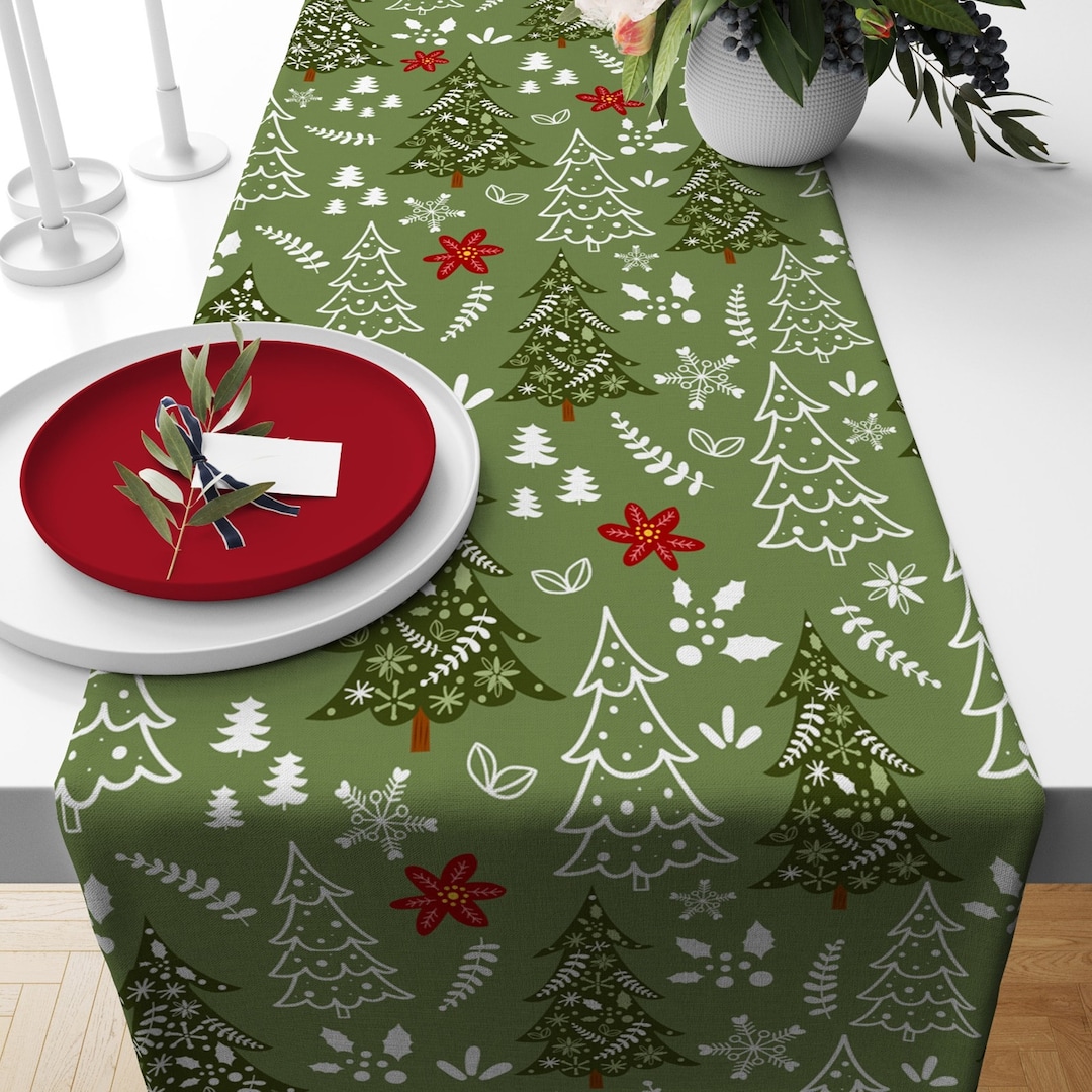 Christmas Tree Table Runner, Xmas Table Runner, Kitchen Pine Trees