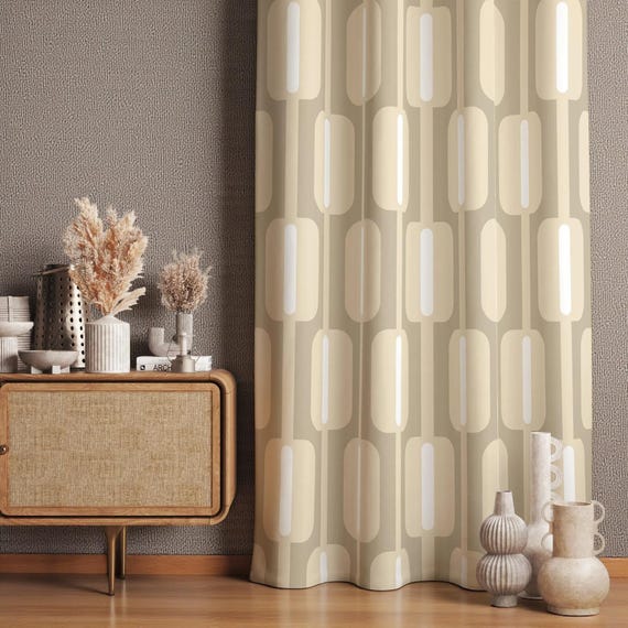 ベージュエクリュの窓用カーテン、レトロカーテン、ミッドセンチュリー