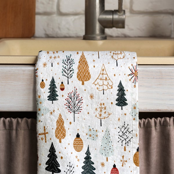 Christmas Pine Tea Towel, Pine Trees Dish Towel, Holly Pine Tea Towel, Xmas Winter Pine Snowflakes Print Tea Towels