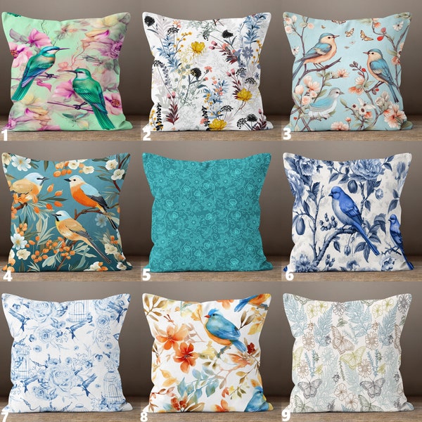 Birds Throw Pillow Cover, Bird Floral Pillow Covers, Birds Decor Pillow Case, Bird Themed Cushion Covers
