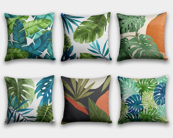 KD Spain — Palm Leaf Teal Tropical Woodblock Style Colorful Throw Pillow  Accent Decor