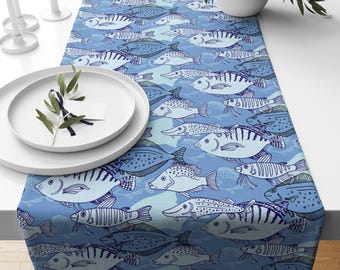 Nautical Fish Table Runner, Coastal Dining Decor, Beach House Kitchen Runner