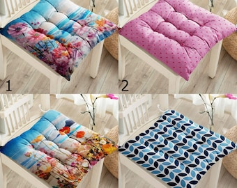 Floral Patio Chair Cushion, Colorful Flowers Puffy Chair Pads, Floral Chair Cushions