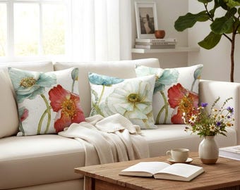 Golden Edge Blue Flower Pillowcase, Floral Pillow Cover, Floral Spring Pillow, Blue Flowers Cushion Cover, Colorful Flowers Print Pillow