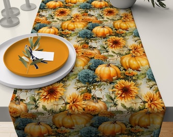 Fall Table Runner, Thanksgiving Table Runners, Fall Pumpkin Table Runner, Fall Flowers Table Cloth, Thanksgiving Pumpkin Table Runners