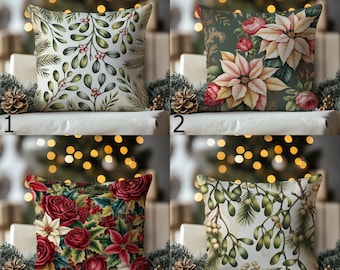 赤いポインセチアのクッションカバー、クリスマスベリーのクッション