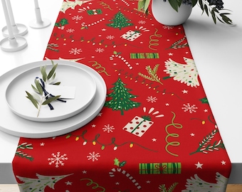 Christmas Table Runner, Reindeer Holiday Table Decor, Candy Cane Winter Table Runner