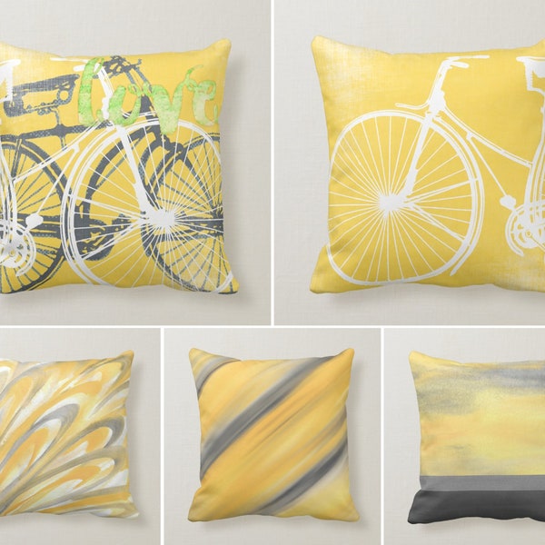 Abstract Yellow Gray Pillow Cover, Boho Bedding Home Decor, Bicycle Love Lumbar Pillow, Housewarming Geometric Cushion Case