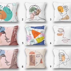 Modern Art Pillow Cover, Line Art Face Themed Pillow Cases, Woman's Head, Bohem Style Pillows, Abstract Faces Throw, Abstract Pillow Cover