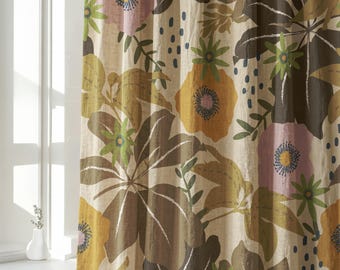Vintage Floral Linen Curtain Panel, Tropical Wildflower Drapes