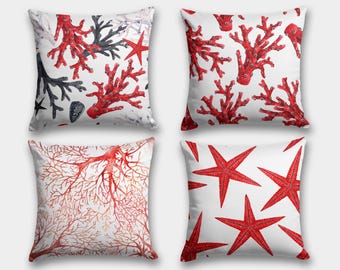 Nautical Pillow Case, Coastal Pillow Cover, Nautical Throw Pillows, Red Coral Reef Pillow, Starfish Pillow, Beach House Covers, Boat Pillow