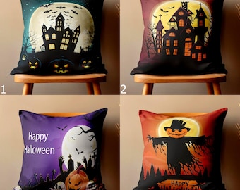 Happy Halloween Pillow Covers, Spooky Pumpkin Pillowcase, Halloween Cute Home Decor, Black Bat Cushion Covers, Haunted Castle Pillow Cover