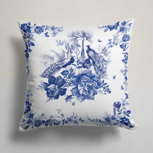 Floral Bird Pillow Case, Bird Pillow Cover, Decorative Blue Floral Cushion Case, Housewarming Blue Boho Pillow, Colorful Home Decor
