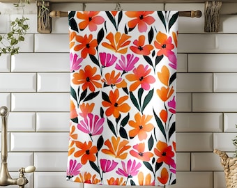 Retro Floral Kitchen Towel, Colorful Wildflower Tea Towel, Cottagecore Dish Towel