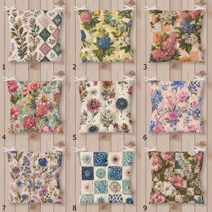 Vintage Floral Outdoor Chairpad, Botanical Patchwork Seat Pads with Ties, Cottagecore Dining Decor