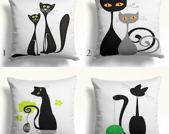 Retro Black Cat Pillow Covers, Black Cat Throw Pillow Cover, Mid-Century Black Cat Cushion Covers
