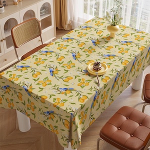 Lemon Bird Tablecloth, Yellow Citrus Floral Table Cover, Mediterranean Tablecloth, Blue Bird Printed Tablecloth, Lemon Printed Tablecloth