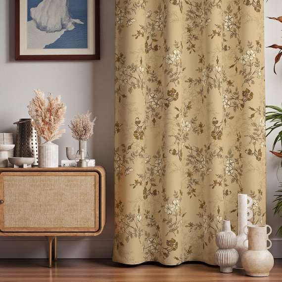 Vintage Blumen Vorhänge, Blumen Vorhänge, Bauernhaus Gardinen, Cottagecore Blumen Vorhang, Beige Blumen Gemusterte Paneele