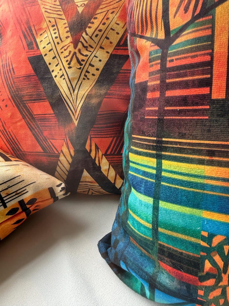a close-up view of a vibrant, colorful pillow with a geometric pattern.