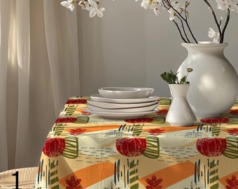 Abstract Fall Tablecloth, Autumn Abstract Table Cover, Retro Harvest Dining Decor