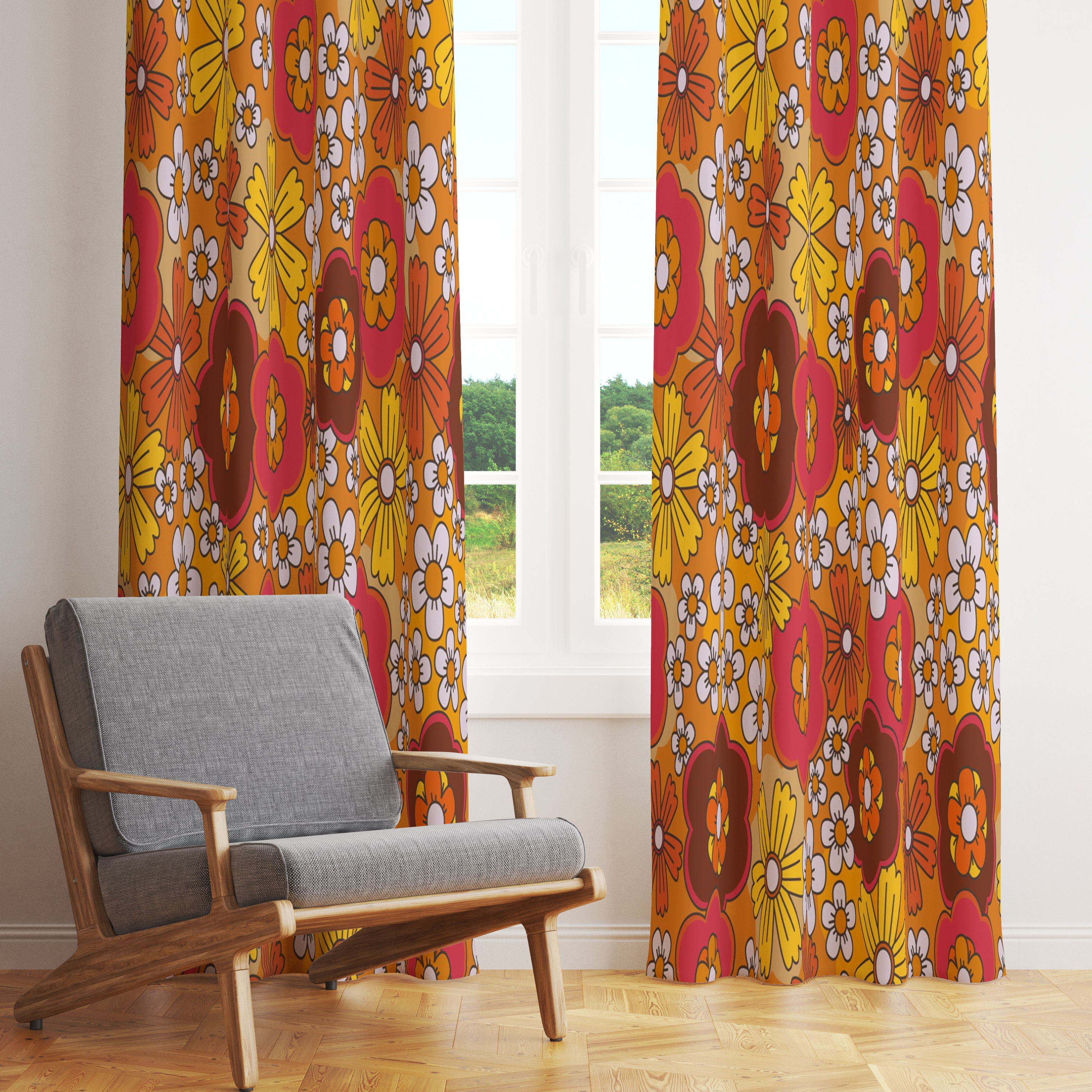 レトロな花柄パネルカーテン、オレンジ色の花柄遮光カーテン