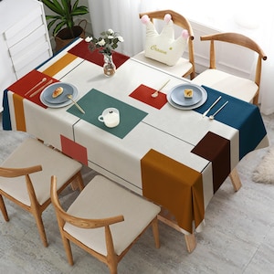 Toalha de mesa moderna de meados do século, toalha de mesa retrô moderna, toalha de mesa retrô colorida com formas geométricas, toalha de mesa estilo anos 70, 80 e 90. imagem 3