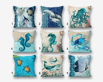 Nautical Pattern Pillow Covers, Beachy Throw Pillow, Beachy Throw Pillow Covers, Ocean Theme Pillows, Blau Starfish Pillow, Beach Home Decor
