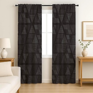 Black Grey Modern Abstract Curtain Panel, Modern Abstract Window Curtains, Anthracite Grey Geometric Boho Abstract Curtain Panels