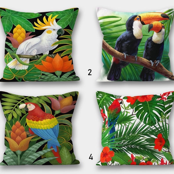 Parrot Pillow Case, Parrot Throw Pillow Covers, Parrot Design Cushion Case, Tropical Jungle Parrot Green Leaf Pillow, Bird Pillow Cover