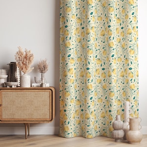 Yellow Floral Botanical Curtains, Spring Flower Drapes, Cheerful Nature Window Panels, Cottagecore Bloom Curtains, Wildflowers Curtains