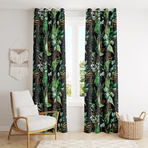 Green Botanical Curtain, Tropical Leaves Drapes, Dark Botanical Panel, Jungle Leaf Drapes, Monstera Leaf Curtain, Elegant Green Leafy Panel