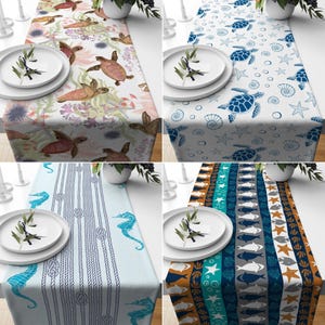 Nautical Table Runner, Sea Turtle Design Table Runners, Sea Creatures Themed Runners, Fish Table Decor, Blue Sea Hourse Runner