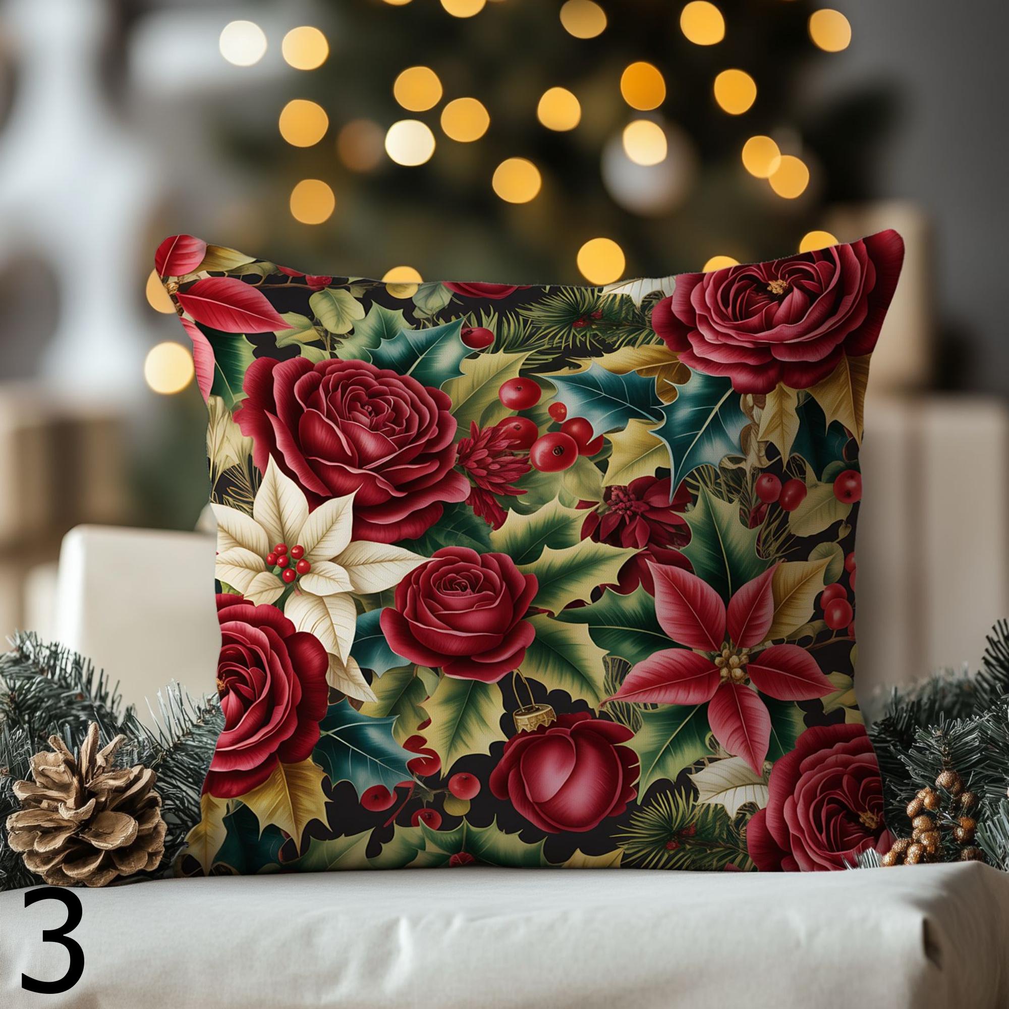 赤いポインセチアのクッションカバー、クリスマスベリーのクッション