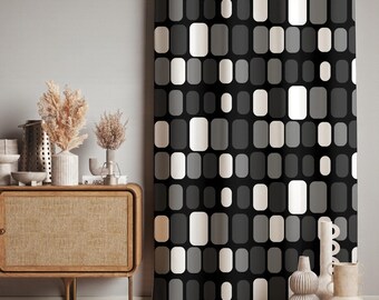 Retro Black White Curtain, Mid-Century Modern Print Window Drapes