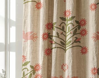 Farmhouse Wildflower Linen Curtain, Vintage Floral Drapes