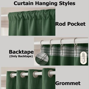 The image is a collage of three different curtain hanging styles: the Backtape (Only Backtape) style, the Rod Pocket style, and the Grommet style.