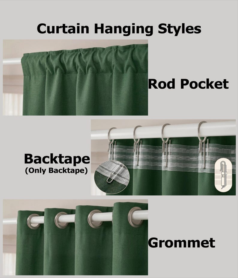 The image is a collage of three different curtain hanging styles: the Backtape (Only Backtape) style, the Rod Pocket style, and the Grommet style.