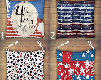 4th of July Chair Pad, Independence Day Waterproof Outdoor Seat Cushion, American Flag Stars Chair Cushion