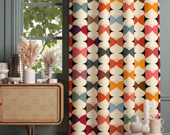 レトロカーテン、ミッドセンチュリーグロメットドレープ、カラフルな70