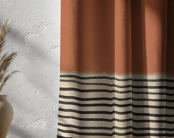 Terracotta Striped Window Drapes, Modern Rustic Boho Curtain Panel, Earth Tone Living Room Curtain