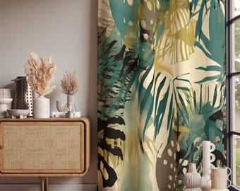 Cortinas con estampado abstracto de hojas tropicales, paneles modernos para ventanas de sala de estar, cortinas botánicas exóticas.