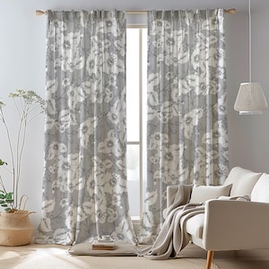 Floral Curtain Panels, Flower Print Curtains, Gray Modern Floral Curtains, Farmhouse Floral Printed Drapes, Floral Gray Window Curtains