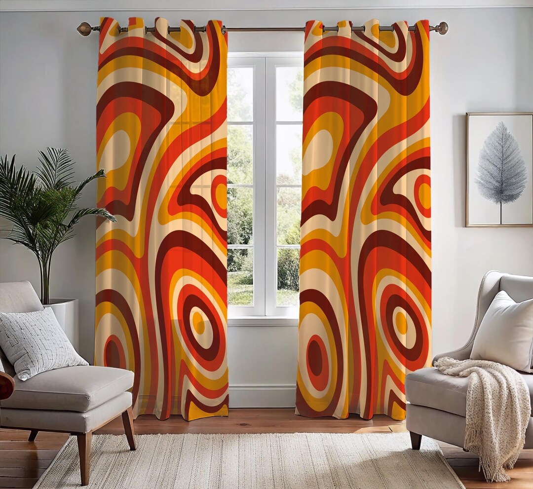 70s Display Window Retro Print Curtain Panels, 70s Style Wavy Window Drapes, Mid-century ...