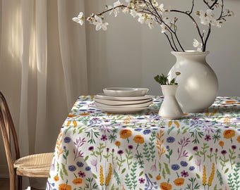 Mantel rectangular floral, mantel floral primaveral, manteles florales, mantel con estampado de flores silvestres, mantel floral rústico