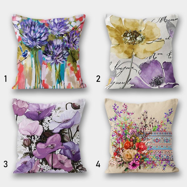 Purple Pillow Cover, Floral Throw Pillow, Summer Cushion Cover, Decorative Purple Outdoor Pillow, Bedding Home Decor,Housewarming Gift Ideas