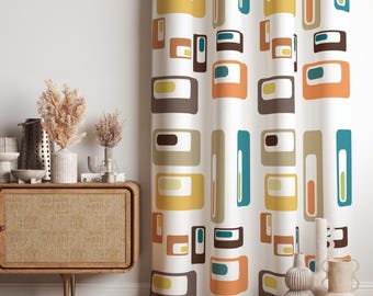 70年代風レトロプリントカーテン、レトロ幾何学模様カーテン、レトロ
