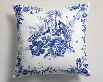 Funda de almohada con diseño de pájaro, funda de cojín con diseño de pájaro, funda de cojín decorativa con diseño floral azul, almohada bohemia azul para inauguración de la casa, decoración colorida para el hogar.