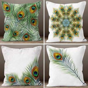 Decorative Feather Throw Pillow Cover, Peacock Pillow Covers, Peacock Feather Home Decor Cushion Cover, Green Feather Pillowcase