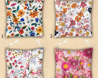 Cojín para silla de estilo rústico con estampado floral, almohadilla de asiento con flores coloridas y lazos.