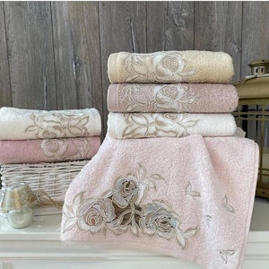 BIANKA Set of 6, Butterflies and Rose, French Lace Bamboo Cotton Lux Turkish Hand Face Bath Towels, Unique Bridesmaid Gift,